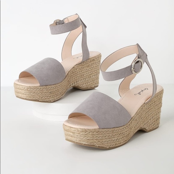 Shoes - Light Grey Suede Platform Espadrille Sandals